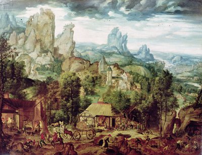 Landscape with Forge by Herri met de Bles